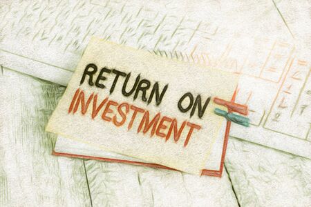 Text sign showing Return On Investment. Business photo showcasing Ratio between the Net Profit and Cost invested notebook paper reminder clothespin pinned sheet white keyboard light woodenの写真素材