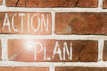 Writing note showing Action Plan. Business concept for detailed plan outlining actions needed to reach goals or vision Front view red brick wall facade background Old grunge sceneryの写真素材