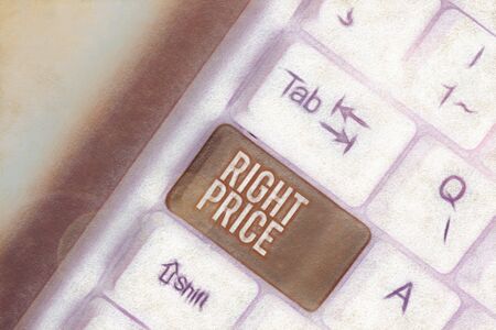 Handwriting text writing Right Price. Conceptual photo the amount of money that it is reasonable for the product White pc keyboard with empty note paper above white background key copy spaceの写真素材