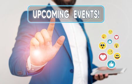 Word writing text Upcoming Events. Business photo showcasing thing that will happens or takes place soon planned occasionの写真素材