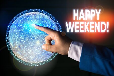 Conceptual hand writing showing Happy Weekend. Concept meaning something nice has happened or they feel satisfied with lifeの写真素材