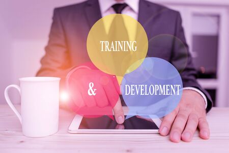 Handwriting text writing Training And Development. Conceptual photo learn specific knowledge to improve perforanalysisce Male human wear formal clothes present presentation use hi tech smartphoneの写真素材