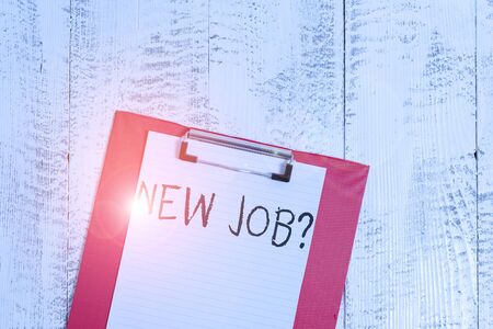 Word writing text New Job Question. Business photo showcasing asking if a demonstrating got regular work to earn money Colored clipboard blank paper sheet old retro wooden vintage backgroundの写真素材
