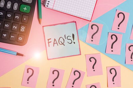 Conceptual hand writing showing Faq. Concept meaning a list of questions and answers relating to a particular subject Mathematics stuff and writing equipment on pastel backgroundの写真素材