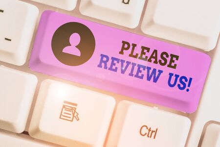 Word writing text Please Review Us. Business photo showcasing situation or system is formal examination by showing authorityの写真素材