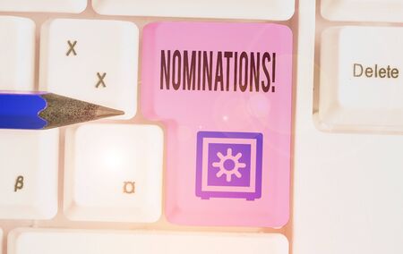 Word writing text Nominations. Business photo showcasing action of nominating or state being nominated for prizeの写真素材