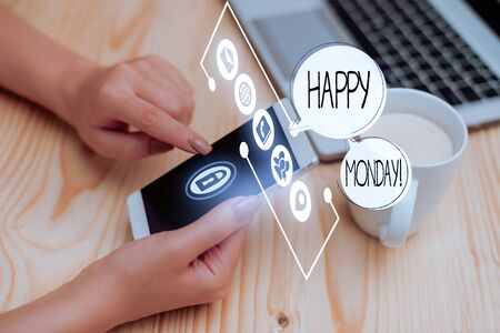 Writing note showing Happy Monday. Business concept for telling that demonstrating order to wish him great new weekの写真素材