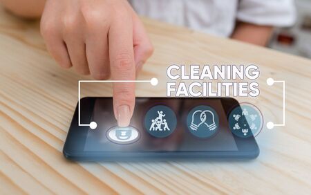 Word writing text Cleaning Facilities. Business photo showcasing Place or equipment provided for a cleaning purposesの写真素材