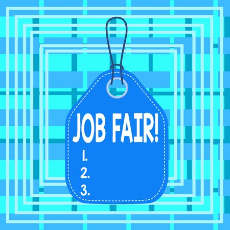 Text sign showing Job Fair. Business photo text event in which employers recruiters give information to employees Empty tag blank space colorful background label rectangle attached stringの写真素材