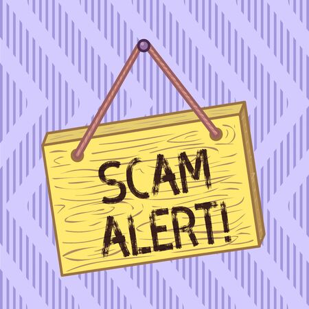 Word writing text Scam Alert. Business photo showcasing fraudulently obtain money from victim by persuading him Square rectangle unreal cartoon wood wooden hang down on the coloured wallの写真素材