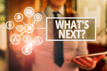 Word writing text What S Is Nextquestion. Business photo showcasing Uncertainty about the following plan or actions to doの写真素材