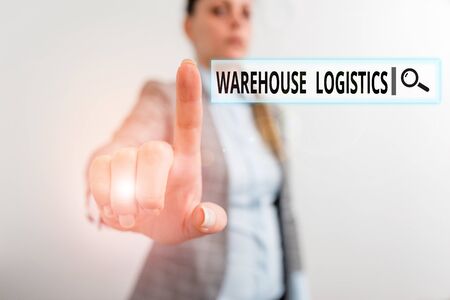 Conceptual hand writing showing Warehouse Logistics. Concept meaning flow of both physical goods and information in business Digital business concept with business womanの写真素材