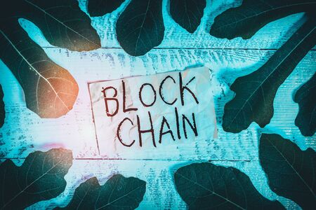 Conceptual hand writing showing Block Chain. Concept meaning system in which a record of transactions made in bitcoin Leaves surrounding notepaper above a classic wooden tableの写真素材