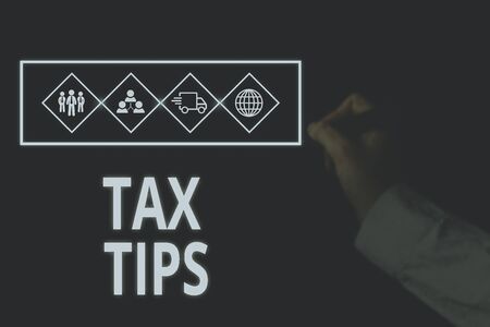 Conceptual hand writing showing Tax Tips. Concept meaning compulsory contribution to state revenue levied by government Picture photo network scheme with modern smart deviceの写真素材
