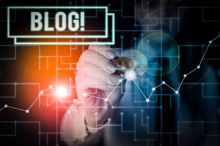Word writing text Blog. Business photo showcasing regularly updated website web page run by individual Woman wear formal work suit present presentation using smart latest deviceの写真素材
