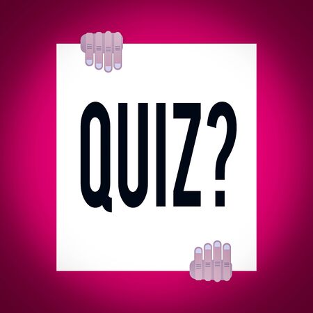 Word writing text Quiz Question. Business photo showcasing test of knowledge as competition between individuals or teams Two hands hold one big empty blank white paper placed on top and bottomの写真素材