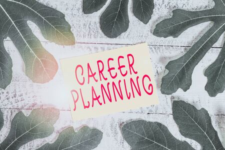 Conceptual hand writing showing Career Planning. Concept meaning Strategically plan your career goals and work success Leaves surrounding notepaper above a classic wooden tableの写真素材