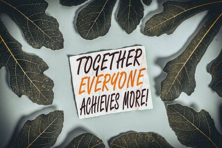 Text sign showing Together Everyone Achieves More. Business photo text Members create synergy with strong sense mutual commitment Leaves surrounding notepaper above an empty soft pastel table as backgroundの写真素材