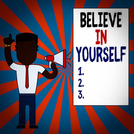 Text sign showing Believe In Yourself. Business photo text common piece of advice that you can do everything Man Standing with Raised Right Index Finger and Speaking into Megaphoneの写真素材