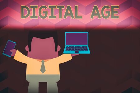 Word writing text Digital Age. Business photo showcasing introduction of the demonstratingal computer with subsequent technology Standing professional man tie holding left open laptop right mobile phoneの写真素材
