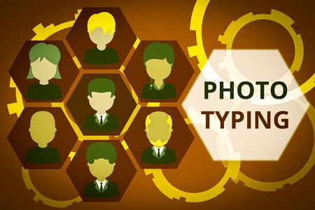 Conceptual hand writing showing Photo Typing. Concept meaning metal printing block use to reproduce a photograph in printing Picture frames CEO and staff Organization employee structureの写真素材