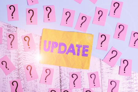 Writing note showing Update. Business concept for by adding new information or making corrections Up to date Scribbled and crumbling papers with thick cardboard above wooden tableの写真素材