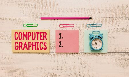 Conceptual hand writing showing Computer Graphics. Concept meaning visual representations of data displayed on a monitor Blank notepads marker small alarm clock wooden vintage backgroundの写真素材