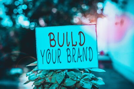 Text sign showing Build Your Brand. Business photo text enhancing brand equity using advertising campaigns Plain empty paper attached to a stick and placed in the green leafy plantsの写真素材