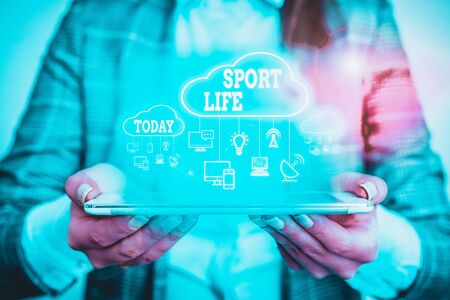 Text sign showing Sport Life. Business photo showcasing Fond of sports or other outdoor activities Physically activeの写真素材