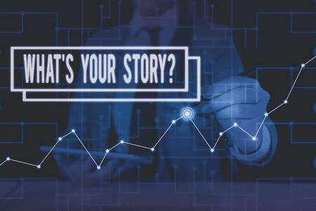Text sign showing What S Your Story Question. Business photo text asking demonstrating about his past life actions career or events Woman wear formal work suit present presentation using smart latest device