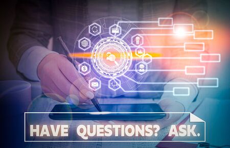 Word writing text Have Questionsquestion Ask. Business photo showcasing something that you say or write to ask a demonstrating Picture photo system network scheme modern technology smart deviceの写真素材