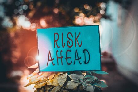 Text sign showing Risk Ahead. Business photo text A probability or threat of damage, injury, liability, loss Plain empty paper attached to a stick and placed in the green leafy plantsの写真素材
