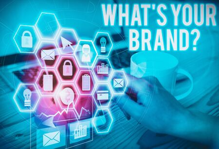 Text sign showing What S Your Brand Question. Business photo text asking about product logo does or what you communicate Picture photo system network scheme modern technology smart deviceの写真素材