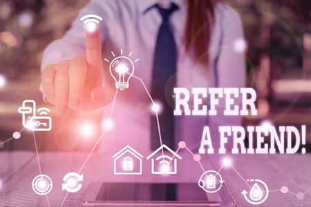 Word writing text Refer A Friend. Business photo showcasing direct someone to another or send him something like giftの写真素材