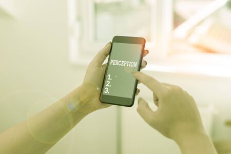 Conceptual hand writing showing Perception. Concept meaning individuals organize and interpret their sensory impressions woman using smartphone and technological devices inside homeの写真素材