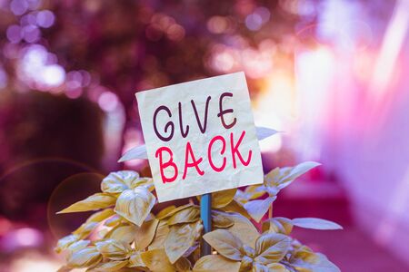 Text sign showing Give Back. Business photo text the act of giving someone something that they owned...