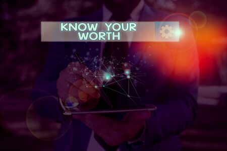Word writing text Know Your Worth. Business photo showcasing Have knowledge of selfvalue Worthiness Deserved incomeの写真素材