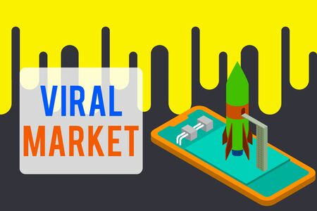 Handwriting text Viral Market. Conceptual photo the information about a product spreads between showing Ready to launch rocket lying smartphone. Startup negotiations to beginの写真素材