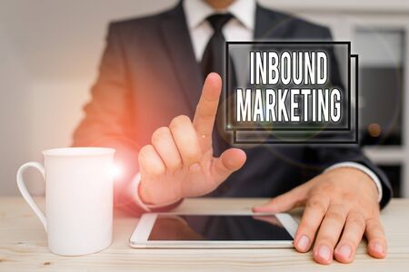 Text sign showing Inbound Marketing. Business photo text a strategy that focuses on attracting customers or leads Male human wear formal clothes present presentation use hi tech smartphoneの写真素材