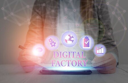 Handwriting text writing Digital Factory. Conceptual photo uses digital technology to operate the manufacturing processの写真素材