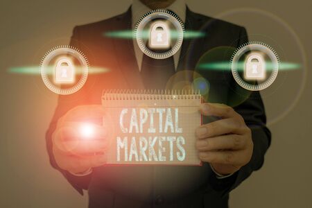Text sign showing Capital Markets. Business photo showcasing buyers and sellers engage in trade of financial securitiesの写真素材