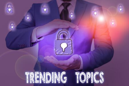 Word writing text Trending Topics. Business photo showcasing subject that experiences surge in popularity on social mediaの写真素材