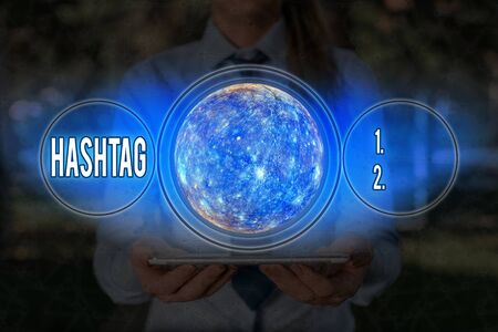 Word writing text Hashtag. Business photo showcasing a word or phrase preceded by a hash sign Type of metadata tagの写真素材