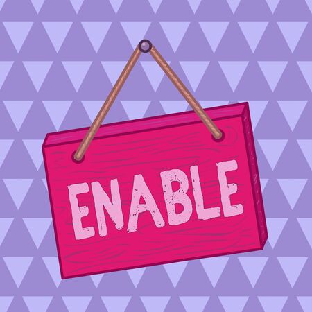 Text sign showing Enable. Business photo showcasing give someone or something the authority or means to do something Square rectangle unreal cartoon wood wooden hang down on the coloured wallの写真素材