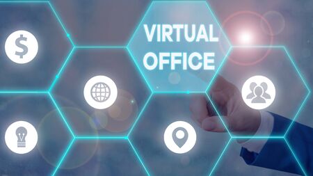Conceptual hand writing showing Virtual Office. Concept meaning Mobile workenvironment equipped with telecommunication linksの写真素材