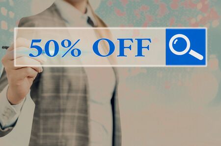 Writing note showing 50 Percent Off. Business concept for 50 percent reduction on the original price of a productの写真素材