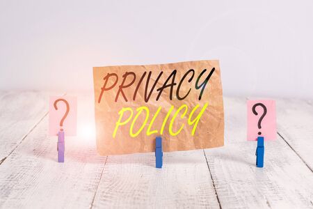 Word writing text Privacy Policy. Business photo showcasing statement or a legal document that discloses clients data Scribbled and crumbling sheet with paper clips placed on the wooden tableの写真素材
