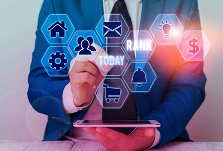 Text sign showing Rank. Business photo text The showing or things that belong to a particular organization or groupの写真素材