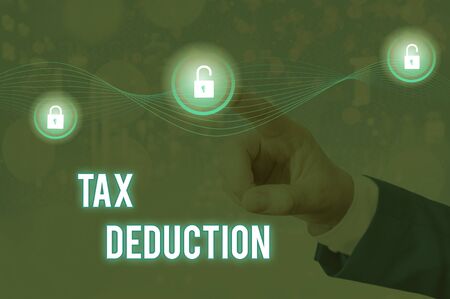 Handwriting text Tax Deduction. Conceptual photo amount subtracted from income before calculating tax oweの写真素材