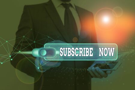 Handwriting text writing Subscribe Now. Conceptual photo to pay money to an organization in order to receive a serviceの写真素材